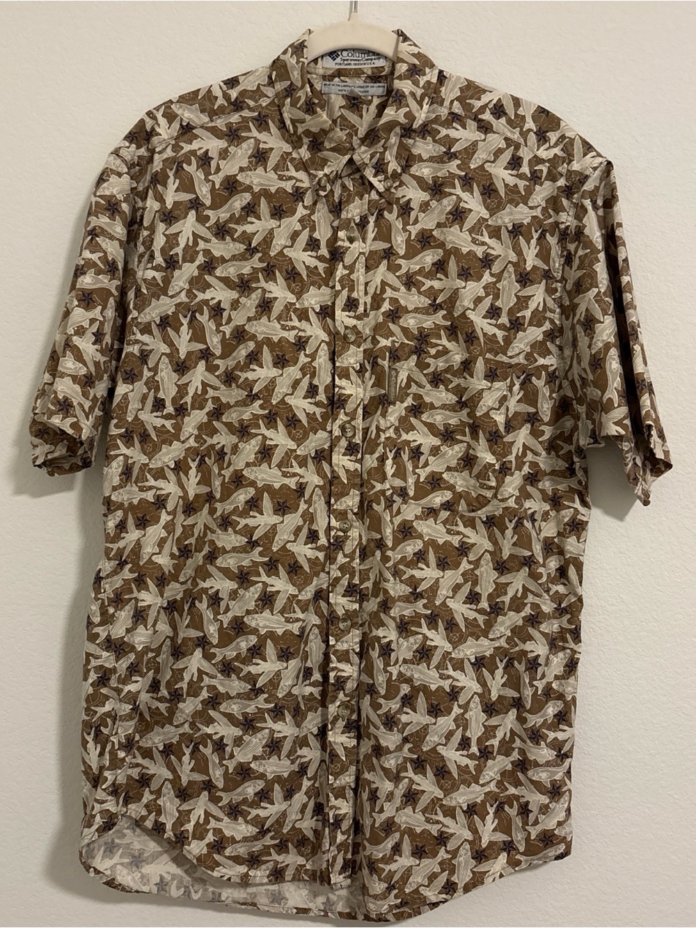 Columbia Short Sleeve Button-Up - Brown and Cream Fish Print